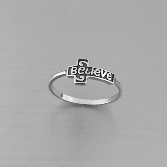 Sterling Silver Believe Sideway Cross Ring, Religious Jewelry, Silver Rings - Picture 5 of 8